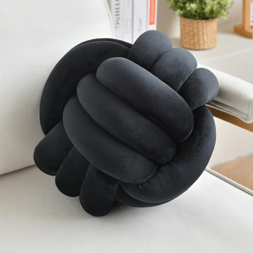 LUSJNGE Decorative Throw Knot Pillow Ball for Home Chair Sofa Aesthetic Round Velvet Knotted Pillow Cushion (Black, 8 inches)