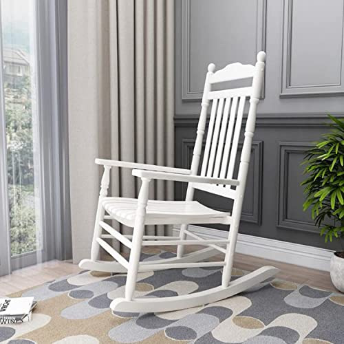 ALIKKA Garten-Schaukelstuhl, Holz-Stillstuhl mit hoher Rückenlehne, traditionelle Relax-Schaukel-Liegestühle für Wohnzimmer, Schlafzimmer, Patio und Terrasse,White