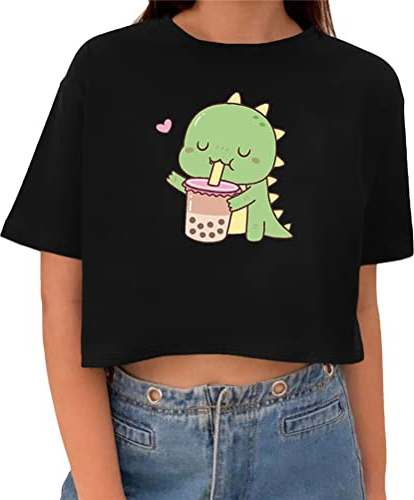 Tomwell T-Shirt Damen Crop Top Kurzarm Sportshirt Sexy Oberteil Bauchfrei Sommer Vintage Crop Tshirt mit Schmetterling Muster Lose Rundhals Teenager Mädchen M Schwarz S