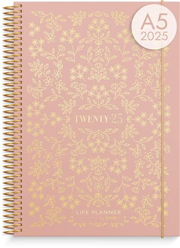 Burde Agenda Semainier 2025 Life Planner Rose Fleur | Planificateur Journalier avec Citations | 142 autocollants inclus | Format A5 21 x 16 cm à Spirale