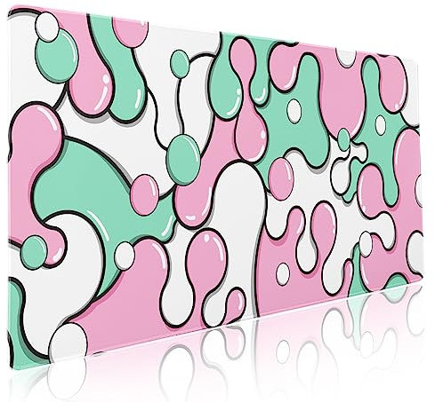 aportt Grand tapis de souris pour gaming motif anime géométrique japonais, dos antidérapant en caoutchouc et bords cousus, rose/vert, taille XXL, 90 x 40 cm