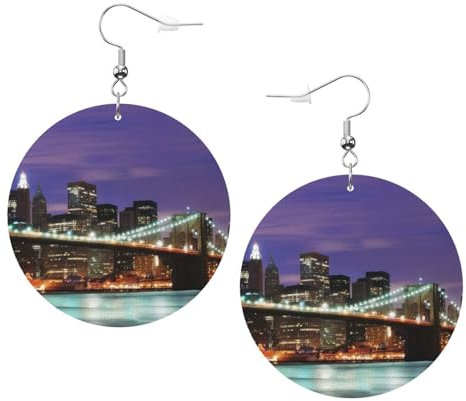OPSREY New York Night bedruckte Mode Leder Ohrringe Drapierte Haken Ohrringe Runde geformte Ohrringe, Einheitsgröße, Kunstleder