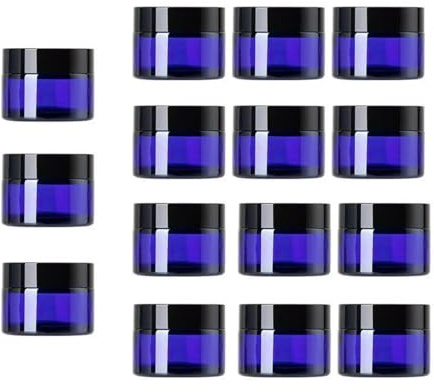 Lot de 15 bocaux en verre bleu de 30 g avec couvercles dorés, pots à crème en verre de 28,3 g, pots ronds vides pour crème, échantillon, lotion, poudre, pommades, épices