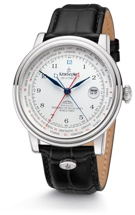Kronsegler Fernando de Magallanes Worldtimer Flyer GMT Herren Armbanduhr Automatik Stahl weiß
