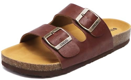 ONCAI Sandalias de Pala Mujer con Ajustable Buckle Corcho Zapatillas de Moda de Verano Mules Planas Zuecos Flores Marrón Tamaño 38