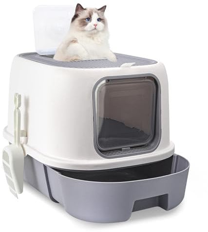 CALIYO Katzenklo mit Deckel – Anti-Geruch Katzentoilette Geschlossen hoher Rand, Katzenklo Groß XXL mit Schublade & Sieb für Große Katzen, Cat Litter Box (53×41×40 cm, Grau-Weiß)