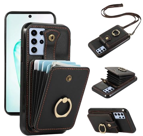 Asuwish Handyhülle für Samsung Galaxy Note 10 Plus Hülle mit Band Handykette,Ring Ständer Kartenfach Geldbörse Klapphülle Note10+5G Note10+ 10+ 10Plus Handy Hüllen Schutzhülle Damen Phone Case Schwarz
