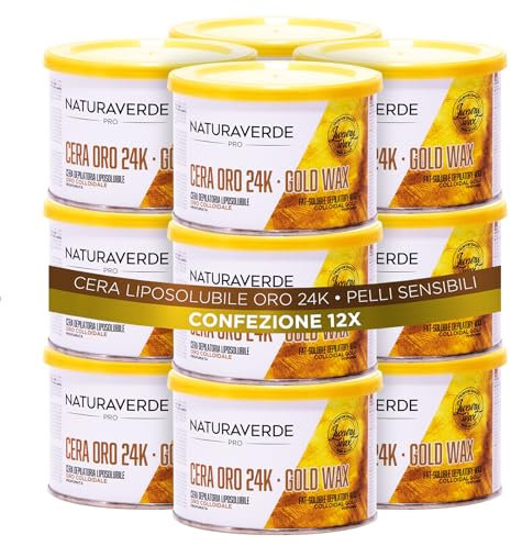 Naturaverde | PRO - Cera Depilatoria Liposolubile con Oro 24K Colloidale, Cera Profumata, Cera a Caldo, Ceretta a Caldo, 12 pz x 400 ml