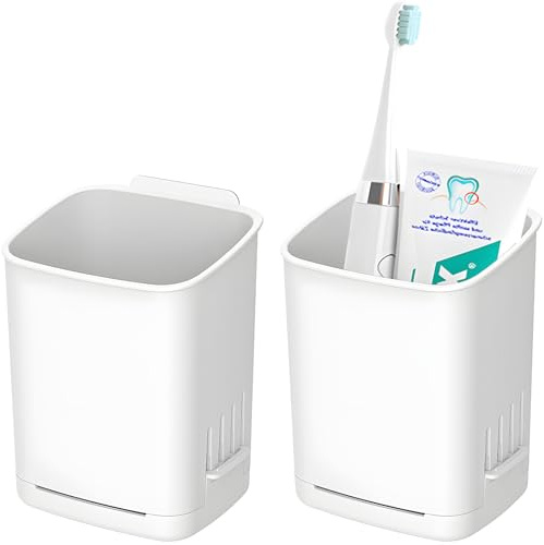 2 Packs Wall Mounted Toothbrush Holders, Self Adhesive Bathroom Toothbrush Wall Holder for Electric Toothbrush, Toothpaste, Razor,Shower Item (White）