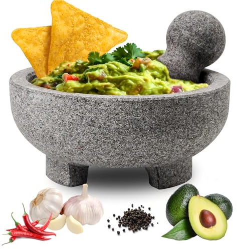 WhiteRhino Juego de mortero y pilón, 4 tazas de granito natural sin pulir Molcajete Mexicano, cuenco de guacamole extra grande de 8 pulgadas, molinillo de piedra de pilón Motar para guacamole, salsa,
