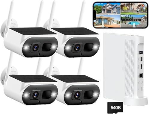 CAMCAMP 4MP Kit Videosorveglianza WiFi Solare Esterno, Kit Telecamere Wifi Esterne,Kit Camera Solare,10CH NVR + Scheda SD da 64GB,100% Senza Fili,Visione Notturna a Colori,RilevamentoPIR,Audio a 2 Vie