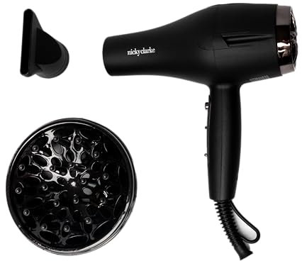 Nicky Clarke 1300W Infrared Pro Hair Dryer with Diffuser - Lightweight with Infrared and Ionic Technology - Three Heat and Two Speed Settings - 3M Cable - Black - NHD902