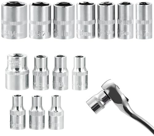 Gudalea Llave de vaso hexagonal de 1/4, SW 4-14 mm, juego de llaves de vaso CR-V con superficie cromada mate, 14 piezas