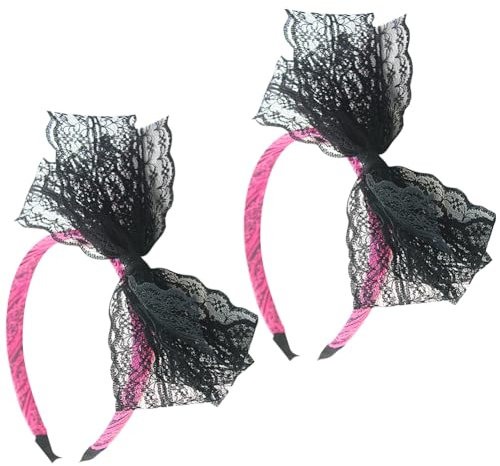 Lot de 2 bandeaux vintage avec nœud en dentelle fluo des années 80 pour cosplay, Halloween, Noël, anniversaire, rose vif et noir