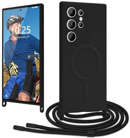 Ethanger Handyband für Samsung Galaxy S23 Ultra Hülle mit Band [Kompatibel mit Magsafe] Flüssig Silikon Necklace Handyhülle Magnetische Schutzhülle zum Umhängen Kordel für Samsung S23 Ultra Schwarz