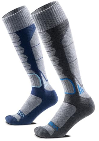 WEIERYA Skisocken,Thermische Gepolsterte Ski Socken für Skifahren,Snowboarden,Outdoor Wintersport für Herren Damen,Grau Blau 2 Paar (45-48)