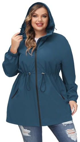 Hanna Nikole Manteau de pluie à capuche pour femme, grande taille, imperméable, coupe-vent, bleu paon, 54 Grande taille