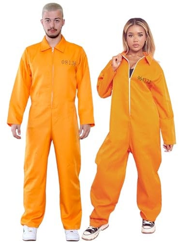 WickedFun® Fancy Dress Adult Prisoner Overalls Orange Costume Boiler Suit Convict Robber Burglar Prison Break Jail TV Fancy Dress Outfit (XXL)
