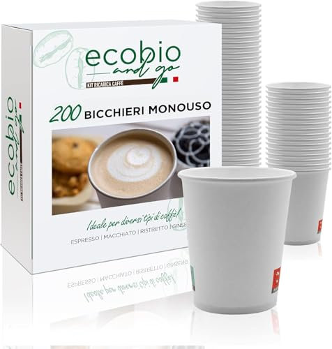 Ecobio and Go - 1000 Bicchieri Acqua di Carta 200ml, Bicchieri Cara Biodegradabili e Compostabili, Bicchieri Monouso Senza Plastica Per Te' e Caffè, Bianchi
