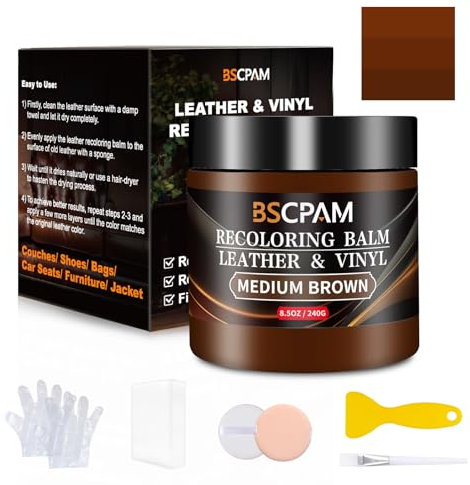BSCPAM Kit Reparation Cuir Brun Moyen,Balsam pour Recoloriage Cuir,Peinture Cuir Liquide,Vinyle Teinture Cuir Réparation pour Canapés,Sièges Voiture,Chaussures,Selle,Blouson en Cuir Griffures/Taches