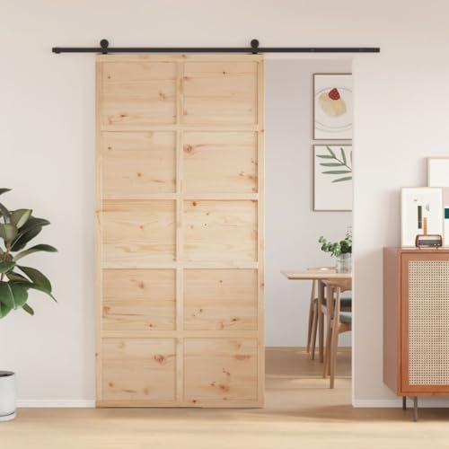 Homgoday Puerta de Granero Madera Maciza de Pino 100x208 cm, Puerta Corredera Deslizante Corrediza Entrada Hogar Cuarto de Baño Salón Sala de Estar Habitación