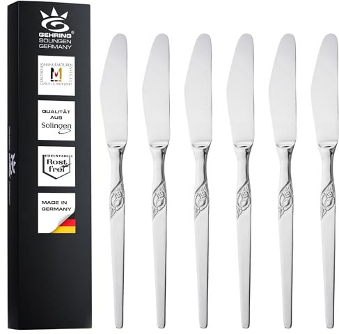 GEHRING Solingen Rose Menümesser 6 Stück I rostfreier Edelstahl I Solinger Hohlheftmesser Made in Germany I spülmaschinengeeignet I Messer Set mit Rosenmuster I Tafelmesser
