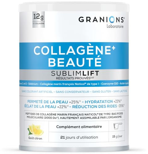 Collagene Marin Beauté Sublimlift GRANIONS | 12g de Collagene Par Jour - Collagene Marin + Acide Hyaluronique + Coenzyme Q10 | Collagene et Acide Hyaluronique - Goût Citron- Collagene Poudre 315 mg