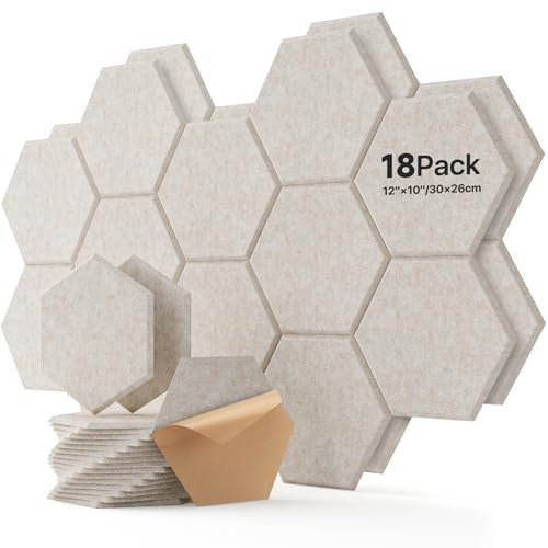 Lot de 18 panneaux acoustiques hexagonaux autocollants en mousse acoustique haute densité pour décoration murale et traitement acoustique Blanc 30 x 26 x 0,9 cm