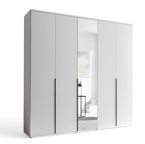 Stella Trading KEVO Kleiderschrank mit Spiegeltür in Weiß - Vielseitiger Drehtürenschrank 5-türig für Ihr Schlafzimmer - 225 x 225 x 52 cm (B/H/T)