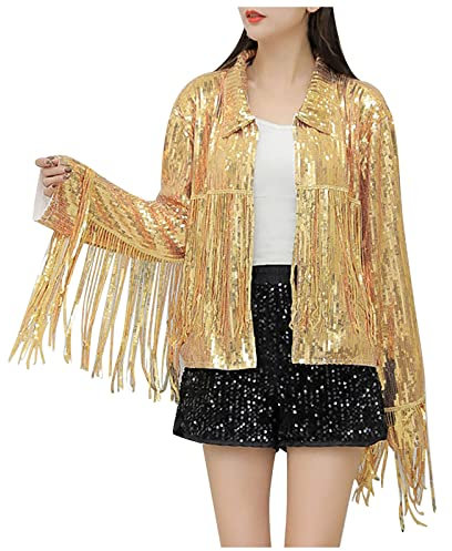Fransen Jacke Damen 20er Jahre Outfit Glitzer Langarm Cardigan Glänzend Quasten Jacke Party Rave Pailletten Fransen Jacke Karneval Hiphop Fransenjacke Weihnachtsjacke (z2-Gold, One Size)