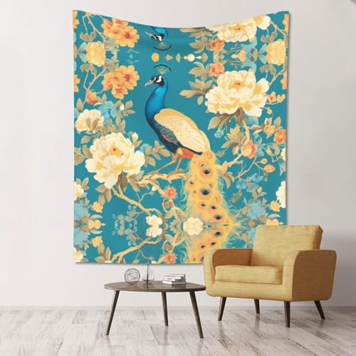 WZYWHJ Orientalischer Pfau auf Blumenbaum, Wanddekoration, Wandteppich, 152,4 x 129,5 cm, weich, langlebig, leicht, für Schlafzimmer und Schlafsaal