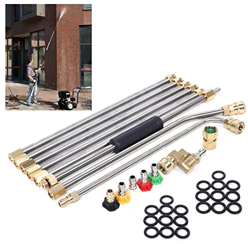 Pressure Washer Extension Wand, 4000 PSI High Pressure Washer Gun Extension Rod Power Washer Replacement Lance with 5 Nozzle Tips, 1/4 Inch Quick Connect, 20 Pcs Rubber Ring (with 30°+90° Curved Rod)