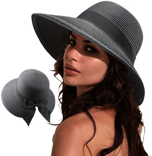 DRESHOW Sun Hats for Women Travel Fedora Foldable Beach Sun Hat Summer Wide Brim Straw Bucket Hat with Bowknot UPF 50+