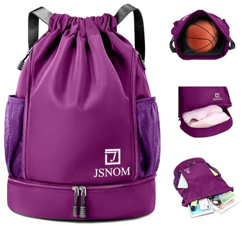 JSNOM Turnbeutel Sportbeutel Herren Damen: Rucksack Beutel Kordelzug Wasserdicht Großer mit Aussentasche Reißverschluß Innentasche für Teenager Jungen Mädchen Männer Frauen (Schwarz) (Lila)