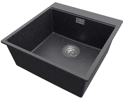 PRIMAGRAN Fregadero Cocina Grafito 48x50cm, Granito 1 Seno + Sifón, Sobre encimera al mueble 50cm - Oslo S113