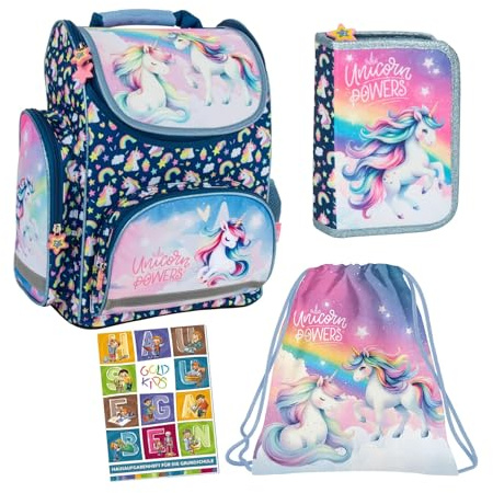 Goldkids - Schulranzen für Jungen und Mädchen, 4er-Set - Schul-Rucksack für Kinder mit Federmäppchen - Schuhbeutel und Hausaufgabenheft - Einhorn Motiv - 1-3 Klasse