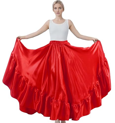 MUNAFIE Damen Lang Satin Rock Bauchtanz Rock Tanzrock Bauchtanz Kostüm für Leistung Karneval A-rot