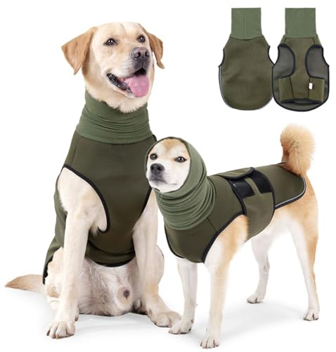 Chaleco Calmante para Perros Transpirable, Chaleco Antiestrés para Perro con Orejeras y Capucha, Abrigo para Perros Que Alivia Ansiedad Ajustable, para Perro Aliviar el Nerviosismo (Verde, L)