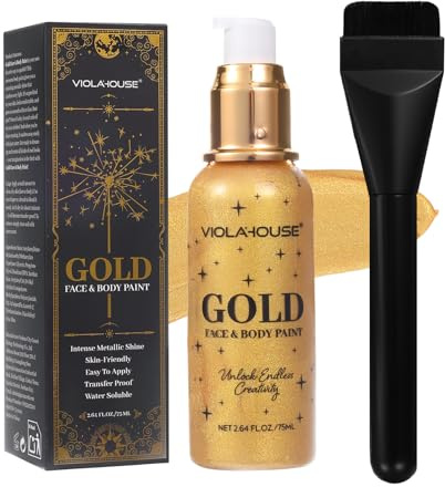 VIOLA HOUSE Pintura para rostro y cuerpo, pintura dorada y plateada, brillo metálico intenso, larga duración y alta pigmentación, soluble en agua, Halloween, sfx maquillaje 75ml (Oro)