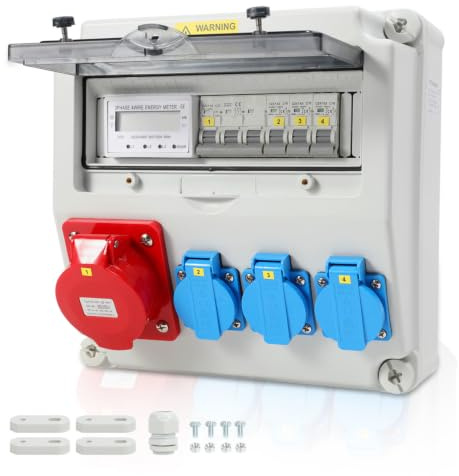Strömfördelare, 3 x 16 A/230 V 1 x CEE 32 A med amperemeter, med strömbrytare, byggarbetsplatsfördelare, inomhus-/utomhusfördelare