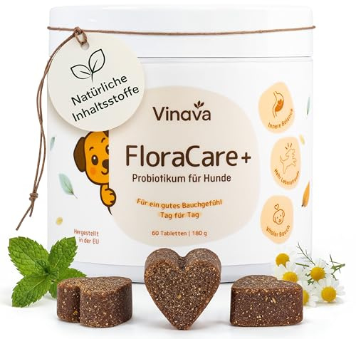FloraCare+ Probiotika Hund – Darmkur bei Durchfall, Blähungen & Sodbrennen | Darmflora aufbauen & Magen-Darm stärken | Präbiotika + Probiotika für Hunde | Magenschutz & Darmwohl | 60 Stück