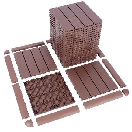 GOOFCXO 44 PCS Interlocking Deck Tiles, 12x12 Plastic Outdoor Patio Flooring Boards 44 Sq.Ft. All Weather Use Patio Floor Decking Tiles Non-Slip for Pool Porch Balcony Backyard (Brown)
