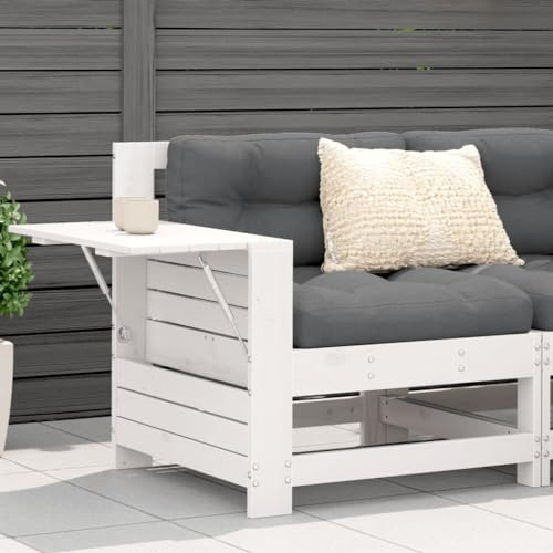 Mandloder Gartensofa mit klappbarem Beistelltisch, Armlehnen, Massivholz Kiefer für Balkon, Terrasse, wetterfest, 69x62x70,5 cm, weiß, Outdoor Gartenmöbel Lounge Set