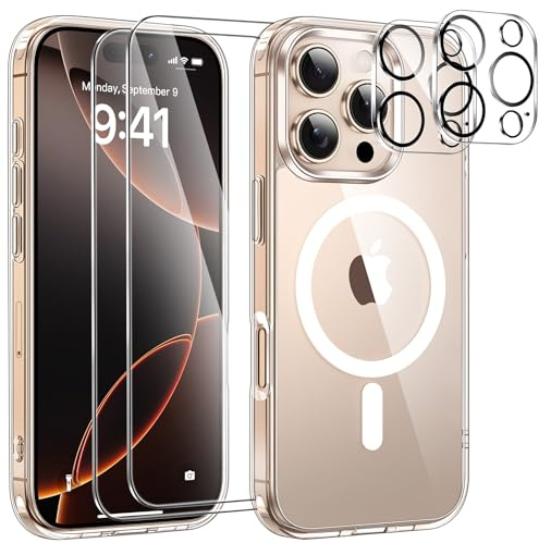 ivencase for iPhone 16 Pro Case with 2 Pack Screen Protector and 2 Pack Camera Lens Protector, Compatible with MagSafe, Shockproof Protective Clear Back Phone Case for iPhone 16 Pro 6.1 -Clear