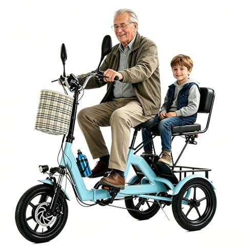 HZWJD 14-Zoll-Elektrofahrrad,Elektrisches Hybridfahrrad,Ausgestattet Mit Einem Herausnehmbaren 48V/10.4Ah-Lithium-Akku,Faltbares 3-Rad-Elektrofahrrad,Maximale Tragfähigkeit 150 Kg Blue