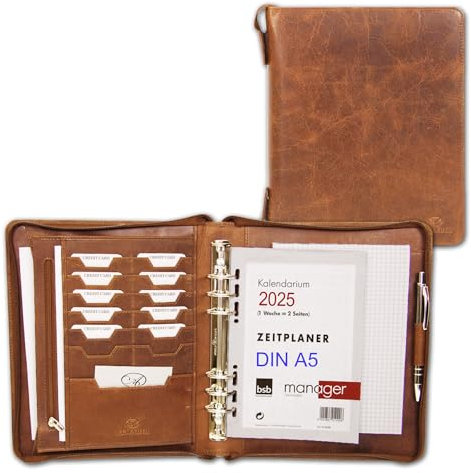 ALMADIH Leder A5 Organizer Ringmechanik Reißverschluss Kalender 2025 2026 Schreibblock Premium Rindsleder Deluxe Ledermappe Terminplaner Systemplaner Schreibmappe Konferenzmappe Mappe braun (A5-O-D)