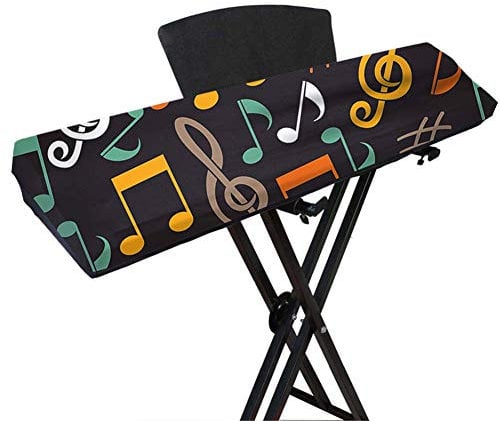 Electronic Piano Keyboard Cover, Stretchy Spandex Dust-proof Cover with Adjustable Elastic Cord Locking for Electronic Keyboard, Music Symbol Print On Black, Suit for 61/88 Keys