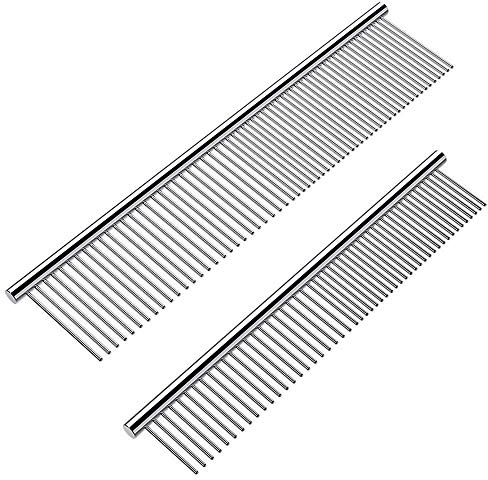 Cafhelp 2 Pack Dog Combs with Rounded Ends Stainless Steel Teeth, Cat Comb for Removing Tangles and Knots, Professional Grooming Tool for Long and Short Haired Dog, Cat and other pets, 6.3IN/7.4IN