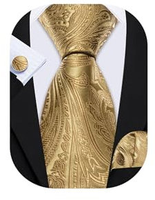 Barry.Wang Men Tie Set Paisley Gold Silk Necktie Pocket Square Cufflinks Formal Wedding Party Business