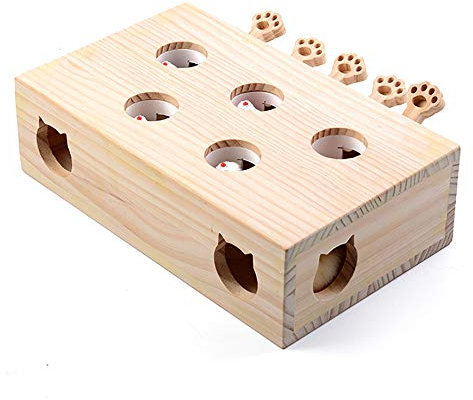 Cunluna Interaktives Katzenspielzeug, Holz, Spielzeug, Maulwurf Maus, Puzzle Box mit süßen Cartoon Spielzeugen für Katzen, Jagd, Spielen, Trainieren, Kratzen – 5 Löcher,A